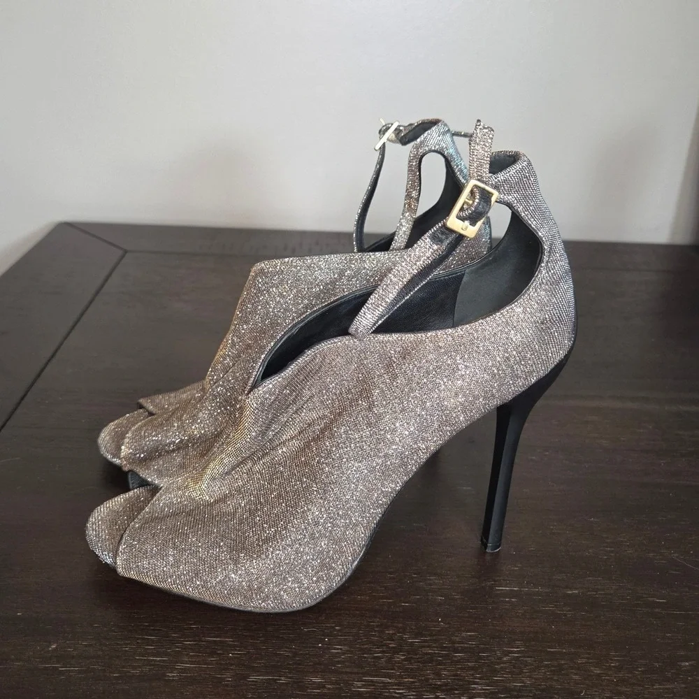 B Brian Atwood Metallic Glitter Peep Toe Ankle Strap Stiletto Heels 10 Italy